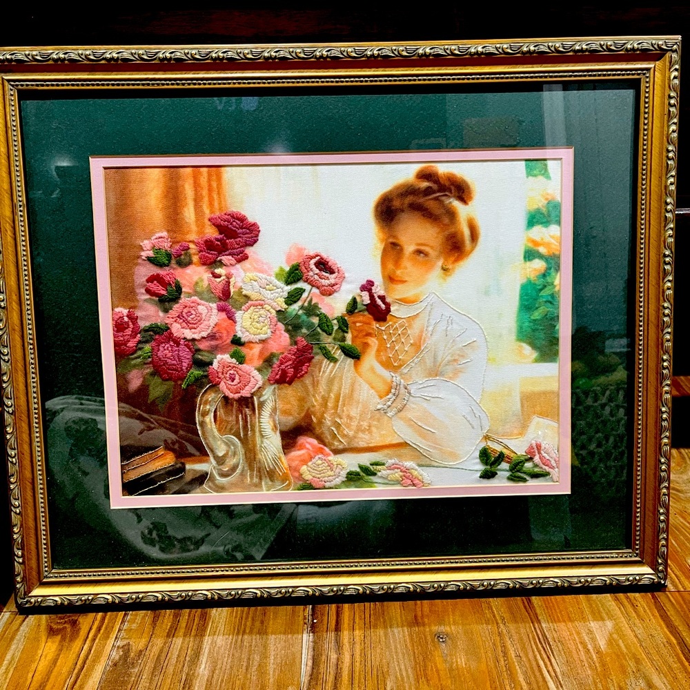 RARE Gorgeous Vintage 3D Embroidered Matted And Framed Print